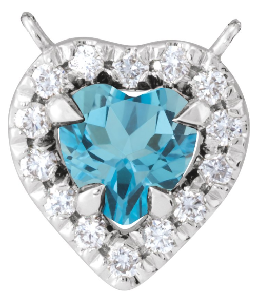 88342 Necklace Center Set Platinum Heart Natural London Blue Topaz 5 X 5Mm 18 Ctw Natural Diamond Si2-Si3, Gh Polished Natural London Blue Topaz And 18 Ctw Natural Diamond Heart French-Set Halo Necklace Center