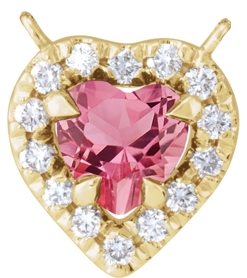 88342 Necklace Center Set 14K Yellow Heart Natural Pink Tourmaline 5 X 5Mm 18 Ctw Natural Diamond I1, Gh Polished Natural Pink Tourmaline And 18 Ctw Natural Diamond Heart French-Set Halo Necklace Center