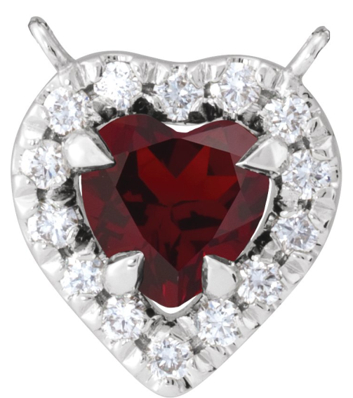 88342 Necklace Center Set 14K White Heart Natural Mozambique Garnet 5 X 5Mm 18 Ctw Natural Diamond I1, Gh Polished Natural Mozambique Garnet And 18 Ctw Natural Diamond Heart French-Set Halo Necklace Center
