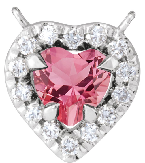 88342 Necklace Center Set Platinum Heart Natural Pink Tourmaline 5 X 5Mm 18 Ctw Natural Diamond Si2-Si3, Gh Polished Natural Pink Tourmaline And 18 Ctw Natural Diamond Heart French-Set Halo Necklace Center