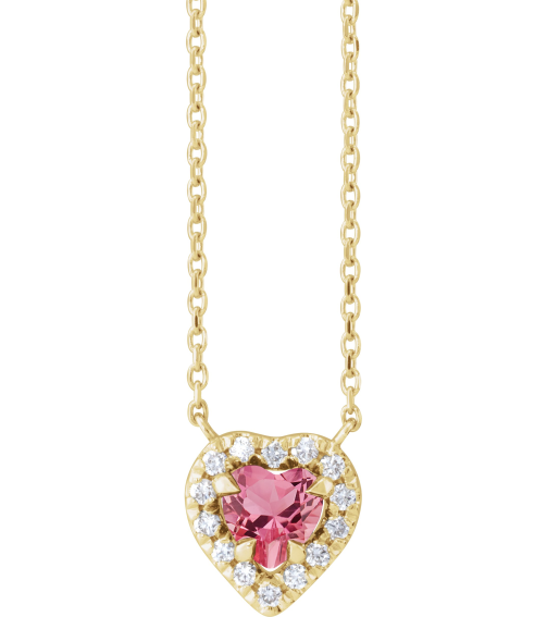 88342 Necklace Set 14K Yellow Heart Natural Pink Tourmaline 5 X 5Mm 18 Ctw Natural Diamond 18 In Polished Natural Pink Tourmaline And 18 Ctw Natural Diamond French Set Halo Necklace