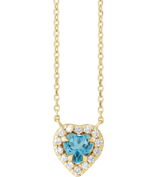 88342 Necklace Set 14K Yellow Heart Natural London Blue Topaz 5 X 5Mm 18 Ctw Natural Diamond 16 In Polished Natural London Blue Topaz And 18 Ctw Natural Diamond French Set Halo Necklace