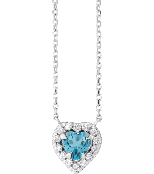 88342 Necklace Set 14K White Heart Natural London Blue Topaz 5 X 5Mm 18 Ctw Natural Diamond 16 In Polished Natural London Blue Topaz And 18 Ctw Natural Diamond French Set Halo Necklace