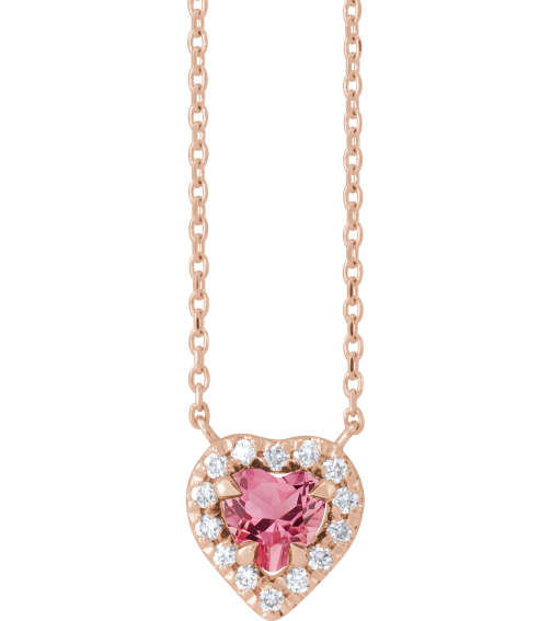 88342 Necklace Set 14K Rose Heart Natural Pink Tourmaline 5 X 5Mm 18 Ctw Natural Diamond 16 In Polished Natural Pink Tourmaline And 18 Ctw Natural Diamond French Set Halo Necklace