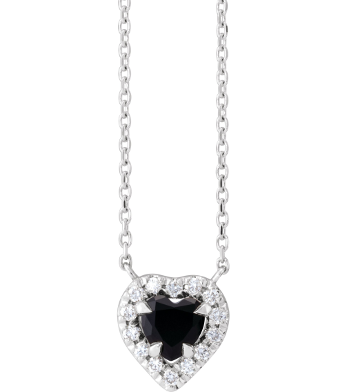 88342 Necklace Set 14K White Heart Natural Black Onyx 5 X 5Mm 18 Ctw Natural Diamond 16 In Polished Natural Onyx And 18 Ctw Natural Diamond French Set Halo Necklace