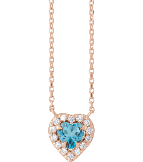 88342 Necklace Set 14K Rose Heart Natural London Blue Topaz 5 X 5Mm 18 Ctw Natural Diamond 16 In Polished Natural London Blue Topaz And 18 Ctw Natural Diamond French Set Halo Necklace