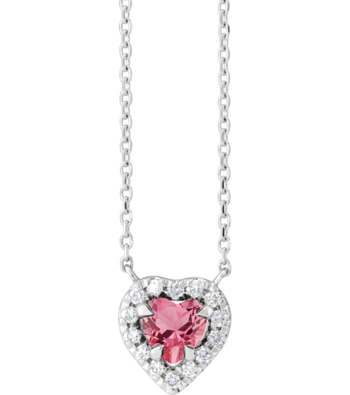 88342 Necklace Set 14K White Heart Natural Pink Tourmaline 5 X 5Mm 18 Ctw Natural Diamond 16 In Polished Natural Pink Tourmaline And 18 Ctw Natural Diamond French Set Halo Necklace