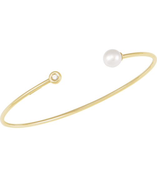Brc919 Bracelet Set 14K Yellow Pearl Cultured Freshwater Pearl Natural Diamond 6Mm .03 Ct I1, G-H 7 In Polished Cultured Freshwater Pearl And Natural Diamond Cuff Bracelet