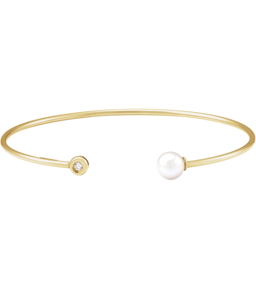 Brc919 Bracelet Set 14K Yellow Pearl Cultured Freshwater Pearl Natural Diamond 6Mm .03 Ct I1, G-H 7 In Polished Cultured Freshwater Pearl And Natural Diamond Cuff Bracelet
