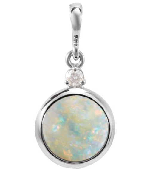 87438 Pendant Set 14K White Round Natural White Opal 6Mm 0.03 Ct Natural Diamond I1, G-H Polished Natural White Opal And .03 Ctw Natural Diamond Pendant