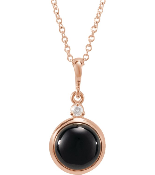 87438 Necklace Set 14K Rose Round Natural Black Onyx 8Mm 0.03 Ct Natural Diamond I1, G-H 16-18 In Polished Natural Onyx And .03 Ct Natural Diamond Cabochon Bezel-Set Necklace