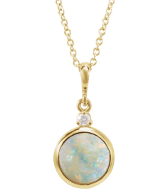 87438 Necklace Set 14K Yellow Round Natural White Opal 8Mm 0.03 Ct Natural Diamond I1, G-H 16-18 In Polished Natural White Opal And .03 Ct Natural Diamond Cabochon Bezel-Set Necklace