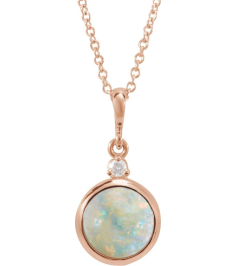 87438 Necklace Set 14K Rose Round Natural White Opal 8Mm 0.03 Ct Natural Diamond I1, G-H 16-18 In Polished Natural White Opal And .03 Ct Natural Diamond Cabochon Bezel-Set Necklace