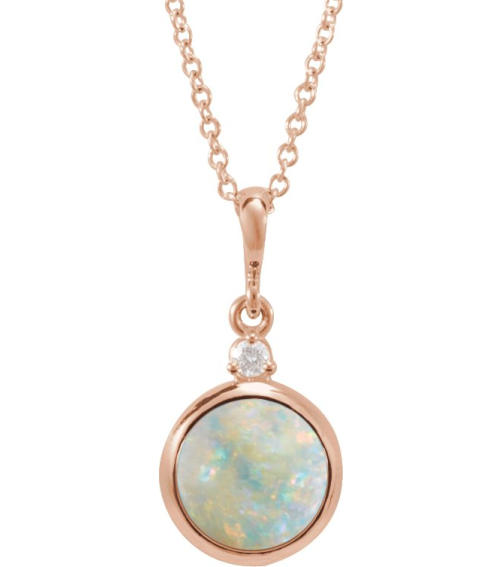 87438 Necklace Set 14K Rose Round Natural White Opal 8Mm 0.03 Ct Natural Diamond I1, G-H 16-18 In Polished Natural White Opal And .03 Ct Natural Diamond Cabochon Bezel-Set Necklace
