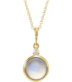 87438 Necklace Set 14K Yellow Round Natural Rainbow Moonstone 8Mm 0.03 Ct Natural Diamond I1, G-H 16-18 In Polished Natural Rainbow Moonstone And .03 Ct Natural Diamond Cabochon Bezel-Set Necklace
