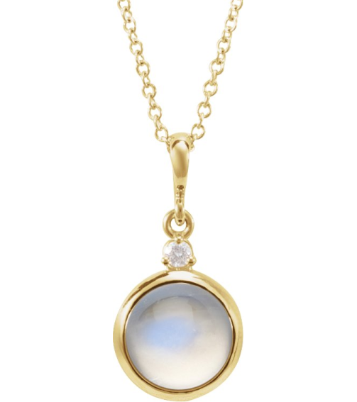 87438 Necklace Set 14K Yellow Round Natural Rainbow Moonstone 8Mm 0.03 Ct Natural Diamond I1, G-H 16-18 In Polished Natural Rainbow Moonstone And .03 Ct Natural Diamond Cabochon Bezel-Set Necklace