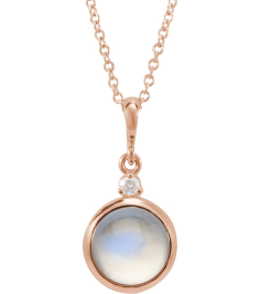 87438 Necklace Set 14K Rose Round Natural Rainbow Moonstone 8Mm 0.03 Ct Natural Diamond I1, G-H 16-18 In Polished Natural Rainbow Moonstone And .03 Ct Natural Diamond Cabochon Bezel-Set Necklace