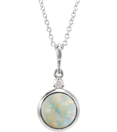 87438 Necklace Set Sterling Silver Round Natural White Opal 8Mm 0.03 Ct Natural Diamond I1, G-H 16-18 In Polished Natural White Opal And .03 Ct Natural Diamond Cabochon Bezel-Set Necklace