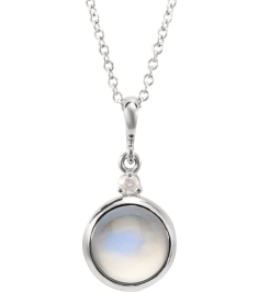 87438 Necklace Set Sterling Silver Round Natural Rainbow Moonstone 6Mm 0.03 Ct Natural Diamond I1, G-H 16-18 In Polished Natural Rainbow Moonstone Cabochon And .03 Ct Natural Diamond Bezel-Set Necklace