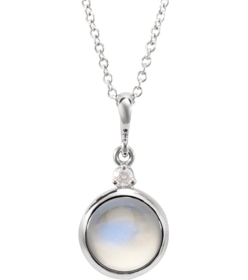 87438 Necklace Set Platinum Round Natural Rainbow Moonstone 6Mm 0.03 Ct Natural Diamond Si2-Si3, G-H 16-18 In Polished Natural Rainbow Moonstone Cabochon And .03 Ct Natural Diamond Bezel-Set Necklace