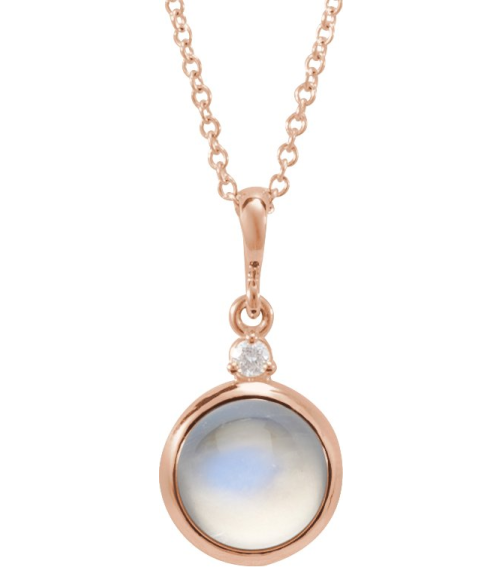 87438 Necklace Set 14K Rose Round Natural Rainbow Moonstone 6Mm 0.03 Ct Natural Diamond I1, G-H 16-18 In Polished Natural Rainbow Moonstone Cabochon And .03 Ct Natural Diamond Bezel-Set Necklace