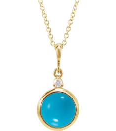 87438 Necklace Set 14K Yellow Round Natural Turquoise 6Mm 0.03 Ct Natural Diamond I1, G-H 16-18 In Polished Natural Turquoise Cabochon And .03 Ct Natural Diamond Bezel-Set Necklace