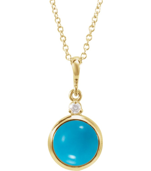 87438 Necklace Set 14K Yellow Round Natural Turquoise 6Mm 0.03 Ct Natural Diamond I1, G-H 16-18 In Polished Natural Turquoise Cabochon And .03 Ct Natural Diamond Bezel-Set Necklace