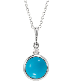 87438 Necklace Set Platinum Round Natural Turquoise 6Mm 0.03 Ct Natural Diamond Si2-Si3, G-H 16-18 In Polished Natural Turquoise Cabochon And .03 Ct Natural Diamond Bezel-Set Necklace