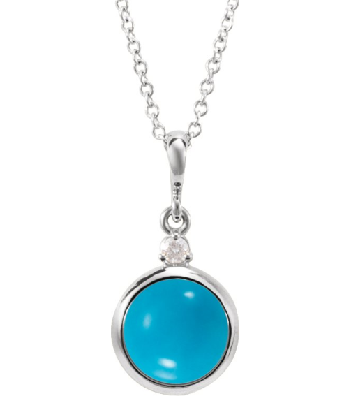 87438 Necklace Set Platinum Round Natural Turquoise 6Mm 0.03 Ct Natural Diamond Si2-Si3, G-H 16-18 In Polished Natural Turquoise Cabochon And .03 Ct Natural Diamond Bezel-Set Necklace