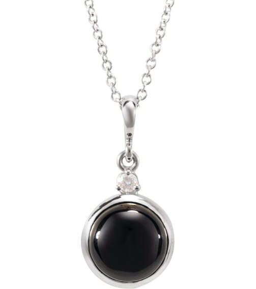 87438 Necklace Set Platinum Round Natural Black Onyx 6Mm 0.03 Ct Natural Diamond Si2-Si3, G-H 16-18 In Polished Natural Onyx Cabochon And .03 Ct Natural Diamond Bezel-Set Necklace