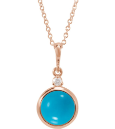 87438 Necklace Set 14K Rose Round Natural Turquoise 6Mm 0.03 Ct Natural Diamond I1, G-H 16-18 In Polished Natural Turquoise Cabochon And .03 Ct Natural Diamond Bezel-Set Necklace