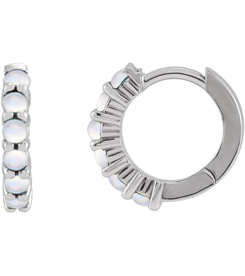 87181 Earring Set 14K White 12.21 Mm 2.32 Mm Natural Rainbow Moonstone Round 2 Mm Pair Hinged Polished Natural Rainbow Moonstone Cabochon Hinged Hoop Earrings