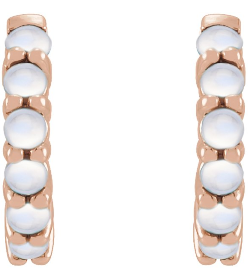 87181 Earring Set 14K Rose 12.21 Mm 2.32 Mm Natural Rainbow Moonstone Round 2 Mm Pair Hinged Polished Natural Rainbow Moonstone Cabochon Hinged Hoop Earrings