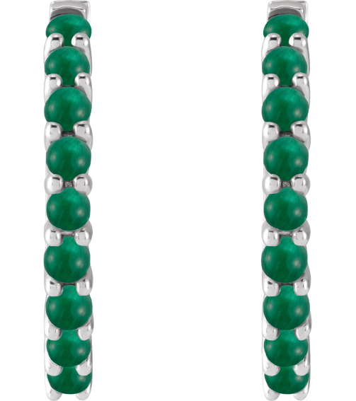 87181 Earring Set 14K White 20 Mm 2.32 Mm Natural Emerald Round 2 Mm Pair Hinged Polished Natural Emerald Cabochon Hinged Hoop Earrings