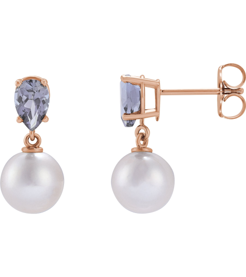 88438 Earring Set 14K Rose Pearl 7 Mm Cultured White Akoya Pearl Pear 6X4 Mm Natural Tanzanite Pair Friction Backs Included Polished Cultured White Akoya Pearl And Natural Tanzanite Pear Shape Earrings
