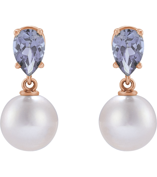 88438 Earring Set 14K Rose Pearl 7 Mm Cultured White Akoya Pearl Pear 6X4 Mm Natural Tanzanite Pair Friction Backs Included Polished Cultured White Akoya Pearl And Natural Tanzanite Pear Shape Earrings