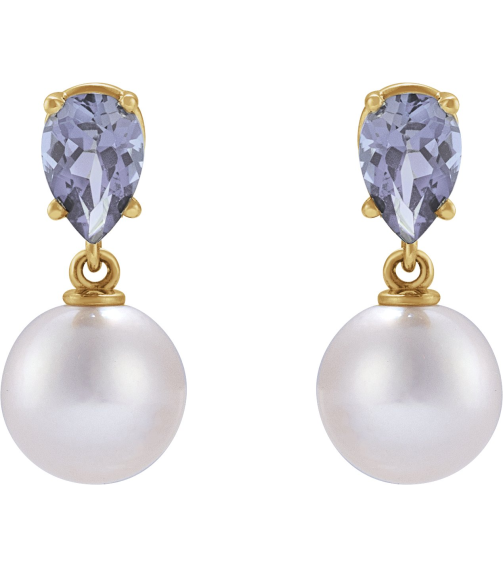 88438 Earring Set 14K Yellow Pearl 7 Mm Cultured White Akoya Pearl Pear 6X4 Mm Natural Tanzanite Pair Friction Backs Included Polished Cultured White Akoya Pearl And Natural Tanzanite Pear Shape Earrings