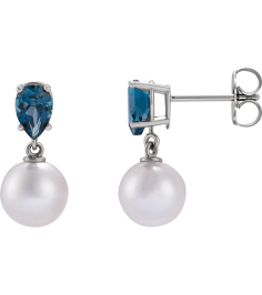 88438 Earring Set 14K White Pearl 7 Mm Cultured White Akoya Pearl Pear 6X4 Mm Natural London Blue Topaz Pair Friction Backs Included Polished Cultured White Akoya Pearl And Natural London Blue Topaz Pear Shape Earrings