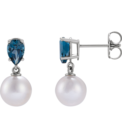 88438 Earring Set 14K White Pearl 7 Mm Cultured White Akoya Pearl Pear 6X4 Mm Natural London Blue Topaz Pair Friction Backs Included Polished Cultured White Akoya Pearl And Natural London Blue Topaz Pear Shape Earrings