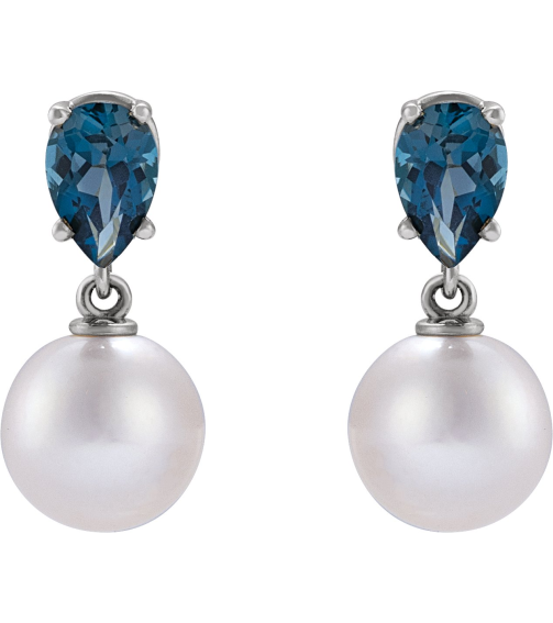 88438 Earring Set 14K White Pearl 7 Mm Cultured White Akoya Pearl Pear 6X4 Mm Natural London Blue Topaz Pair Friction Backs Included Polished Cultured White Akoya Pearl And Natural London Blue Topaz Pear Shape Earrings