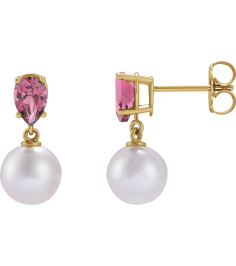 88438 Earring Set 14K Yellow Pearl 7 Mm Cultured White Akoya Pearl Pear 6X4 Mm Natural Pink Tourmaline Pair Friction Backs Included Polished Cultured White Akoya Pearl And Natural Pink Tourmaline Pear Shape Earrings