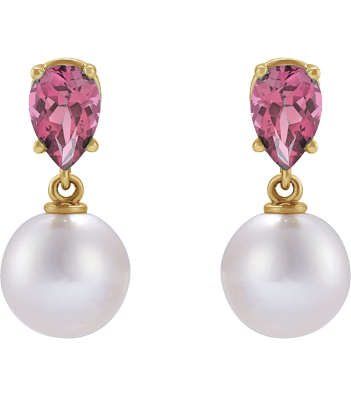 88438 Earring Set 14K Yellow Pearl 7 Mm Cultured White Akoya Pearl Pear 6X4 Mm Natural Pink Tourmaline Pair Friction Backs Included Polished Cultured White Akoya Pearl And Natural Pink Tourmaline Pear Shape Earrings