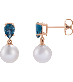 88438 Earring Set 14K Rose Pearl 7 Mm Cultured White Akoya Pearl Pear 6X4 Mm Natural London Blue Topaz Pair Friction Backs Included Polished Cultured White Akoya Pearl And Natural London Blue Topaz Pear Shape Earrings
