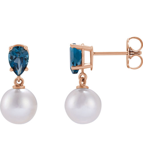 88438 Earring Set 14K Rose Pearl 7 Mm Cultured White Akoya Pearl Pear 6X4 Mm Natural London Blue Topaz Pair Friction Backs Included Polished Cultured White Akoya Pearl And Natural London Blue Topaz Pear Shape Earrings
