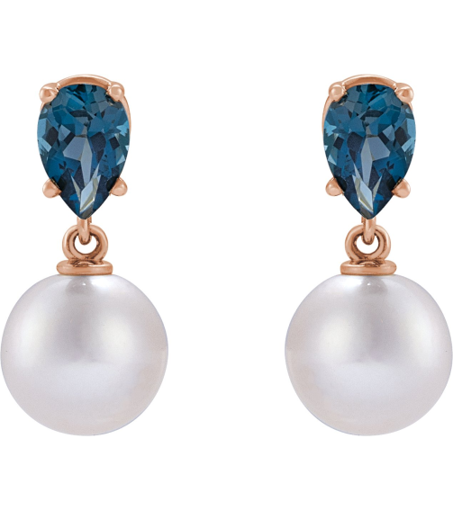 88438 Earring Set 14K Rose Pearl 7 Mm Cultured White Akoya Pearl Pear 6X4 Mm Natural London Blue Topaz Pair Friction Backs Included Polished Cultured White Akoya Pearl And Natural London Blue Topaz Pear Shape Earrings