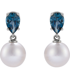 88438 Earring Set Platinum Pearl 7 Mm Cultured White Akoya Pearl Pear 6X4 Mm Natural London Blue Topaz Pair Friction Backs Included Polished Cultured White Akoya Pearl And Natural London Blue Topaz Pear Shape Earrings