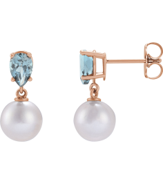 88438 Earring Set 14K Rose Pearl 7 Mm Cultured White Akoya Pearl Pear 6X4 Mm Natural Aquamarine Pair Friction Backs Included Polished Cultured White Akoya Pearl And Natural Aquamarine Pear Shape Earrings