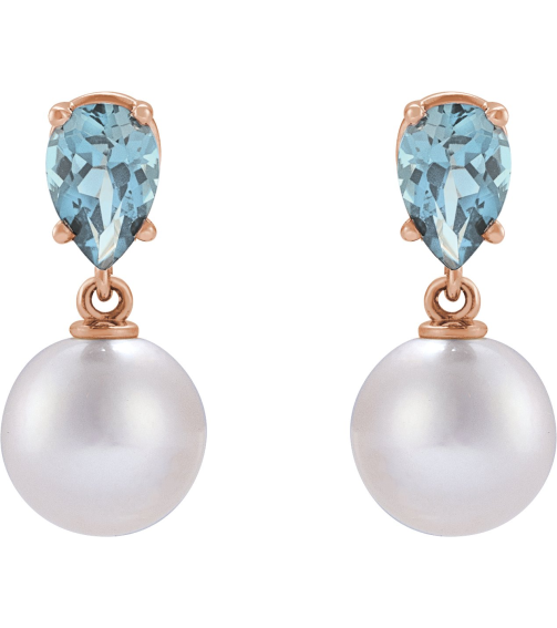 88438 Earring Set 14K Rose Pearl 7 Mm Cultured White Akoya Pearl Pear 6X4 Mm Natural Aquamarine Pair Friction Backs Included Polished Cultured White Akoya Pearl And Natural Aquamarine Pear Shape Earrings