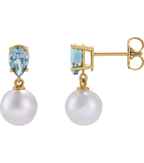 88438 Earring Set 14K Yellow Pearl 7 Mm Cultured White Akoya Pearl Pear 6X4 Mm Natural Aquamarine Pair Friction Backs Included Polished Cultured White Akoya Pearl And Natural Aquamarine Pear Shape Earrings