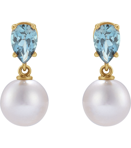 88438 Earring Set 14K Yellow Pearl 7 Mm Cultured White Akoya Pearl Pear 6X4 Mm Natural Aquamarine Pair Friction Backs Included Polished Cultured White Akoya Pearl And Natural Aquamarine Pear Shape Earrings